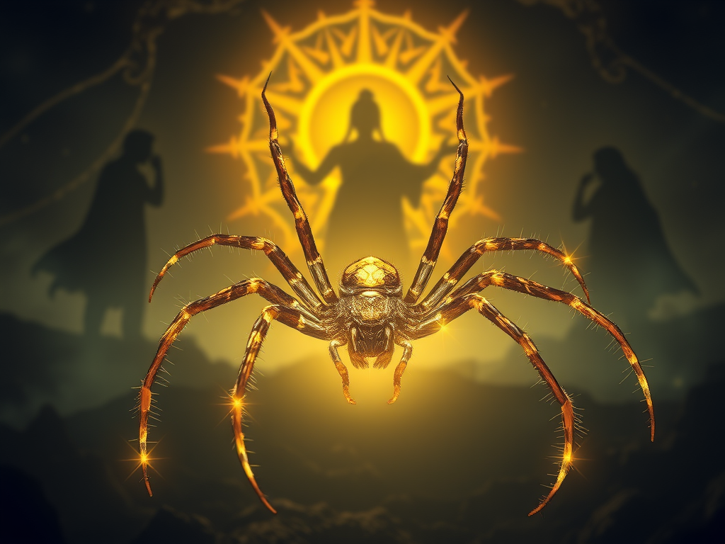 “Glowing spider descending with ancestral spirits in the background, symbol of guidance and blessings.”