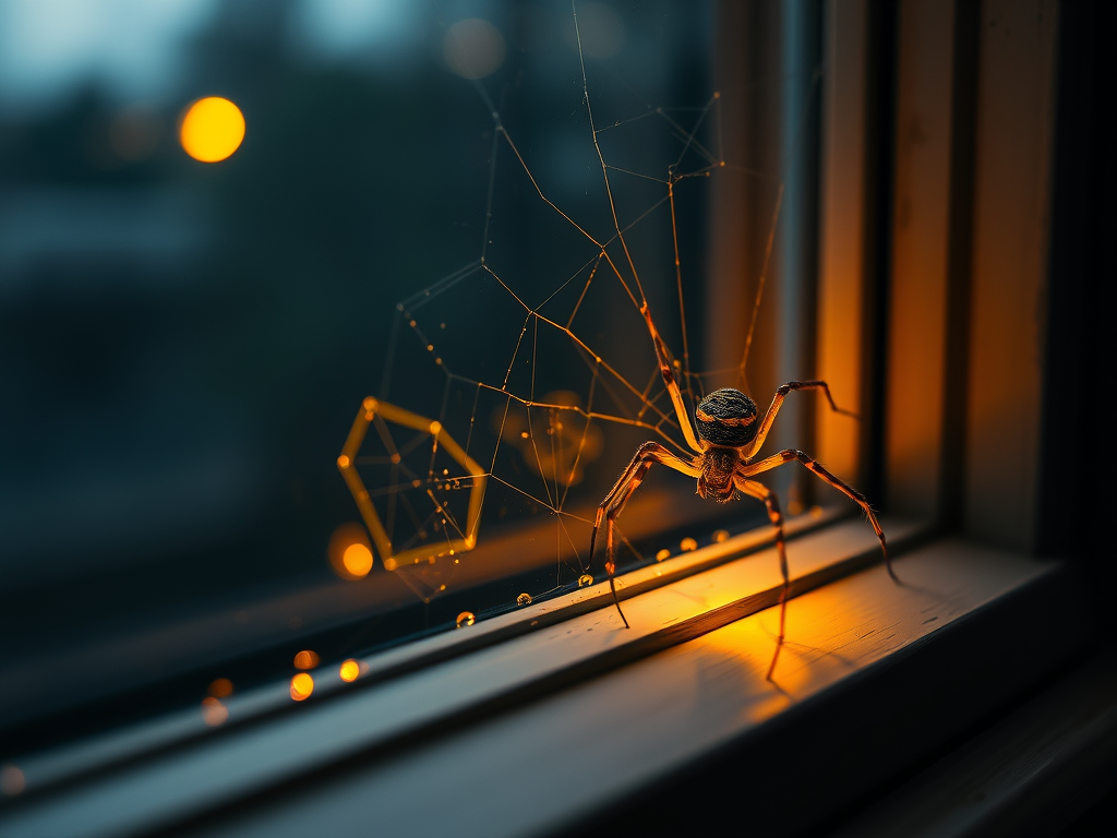 “Glowing spider on a windowsill being overlooked, symbol of missed opportunities and ignored blessings.”