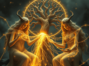 "Norns weaving threads of fate glowing like spider silk"
