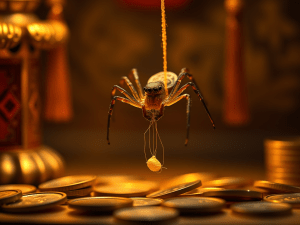 "Tiny spider on golden thread symbolizing wealth from heaven"