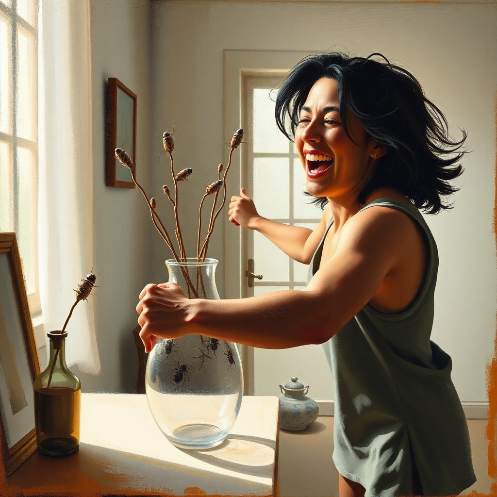 A classic oil painting depicts a dynamic scene. A person with dark hair and tan skin joyfully organizes a minimalistic indoor space. Visible brushstrokes and blurred lines create a sense of motion. Soft