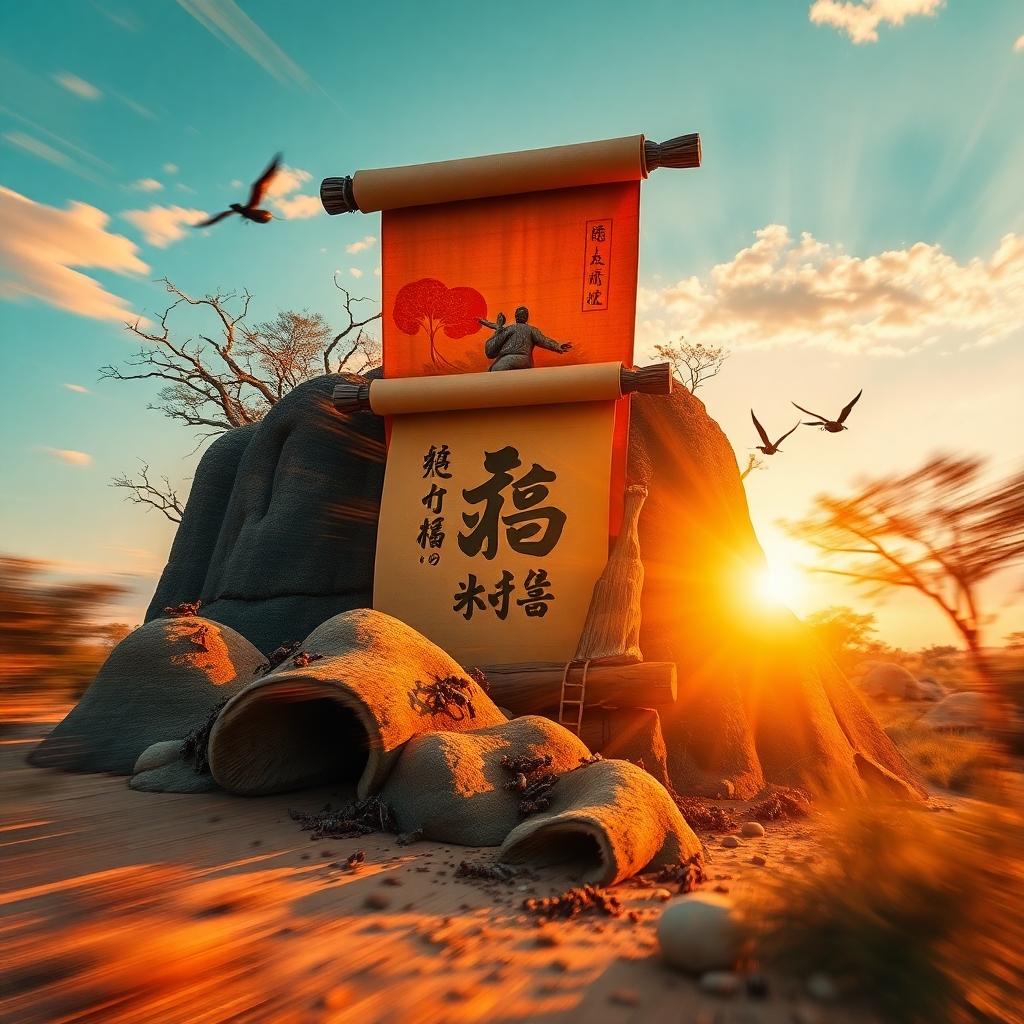 A dynamic collage showcasing termite mounds a Japanese scroll and indigenous carvings bathed in warm golden hour light. Blurred lines action poses rich deep teal luxurious and vibrant colors soft