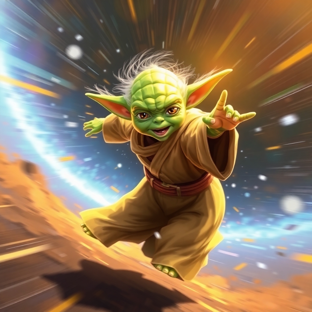 The Universe Shifts When You Embrace Your Authentic Self 4 A dynamic vibrant depiction of a Yoda like character in motion against a bright cosmic backdrop. Blurred lines and action poses convey energy. The character radiates golden light creating a lively and e