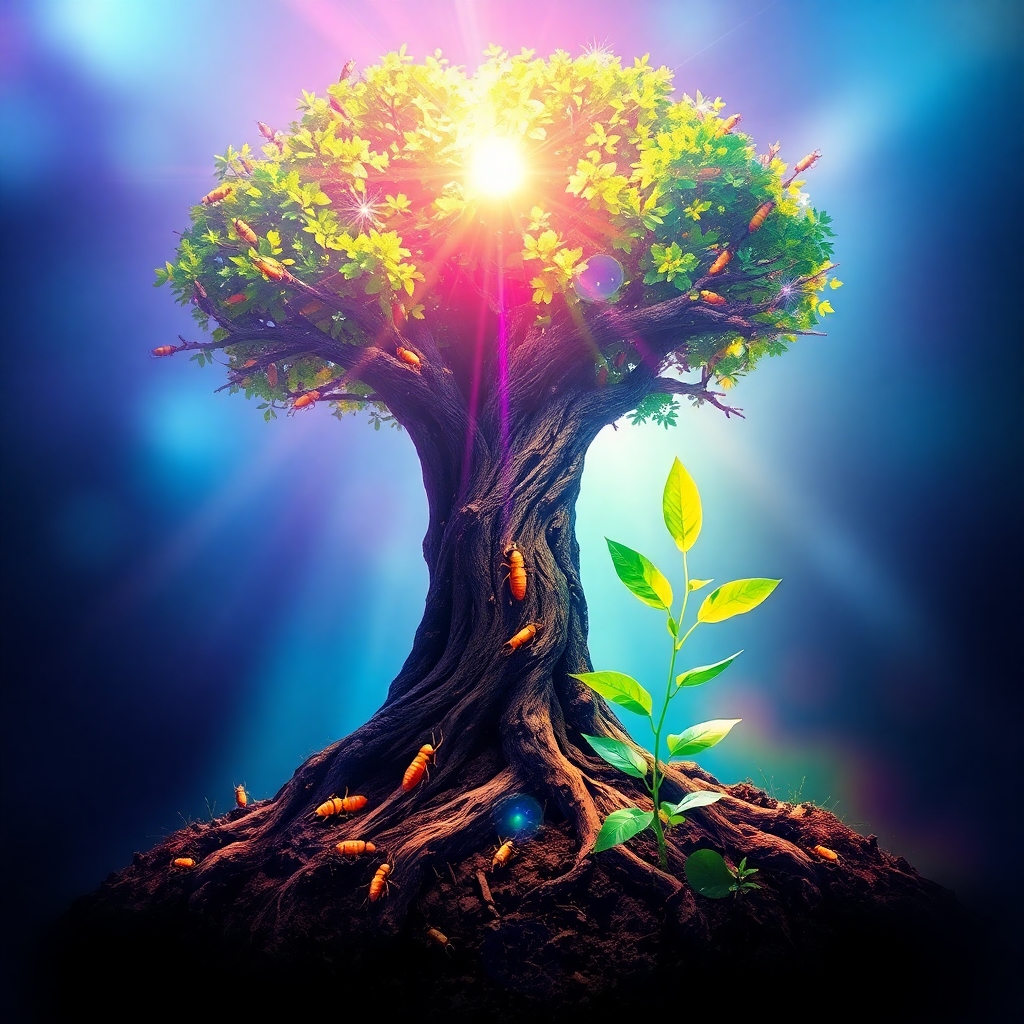 A vibrant digital painting depicting a trees life cycle decay termites soil new growth. Bright lens flare light streaks and intense colors create a dynamic and energetic image