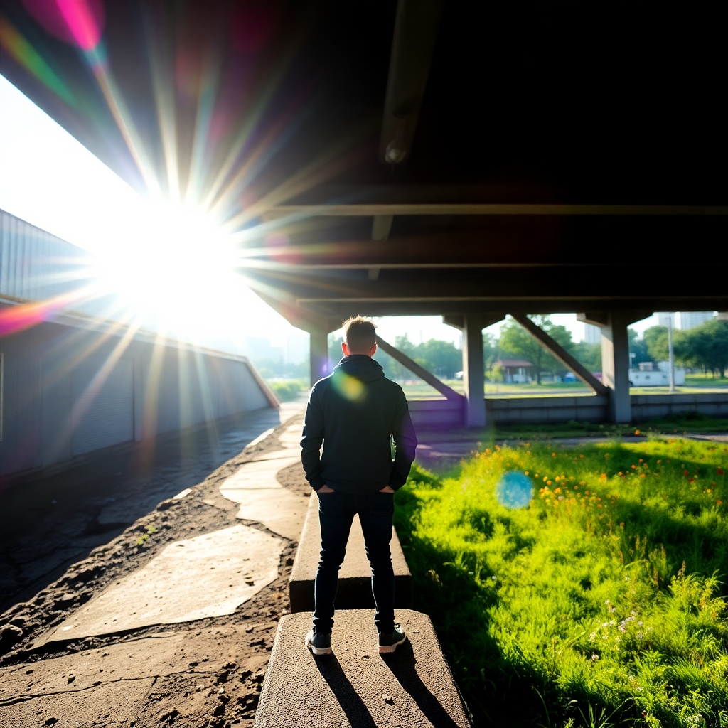 Candid street photography bright lens flare. A person stands at a bridges edge one side a dark crumbled path the other a vibrant meadow. Urban scene spontaneous moment vibrant colors light streak