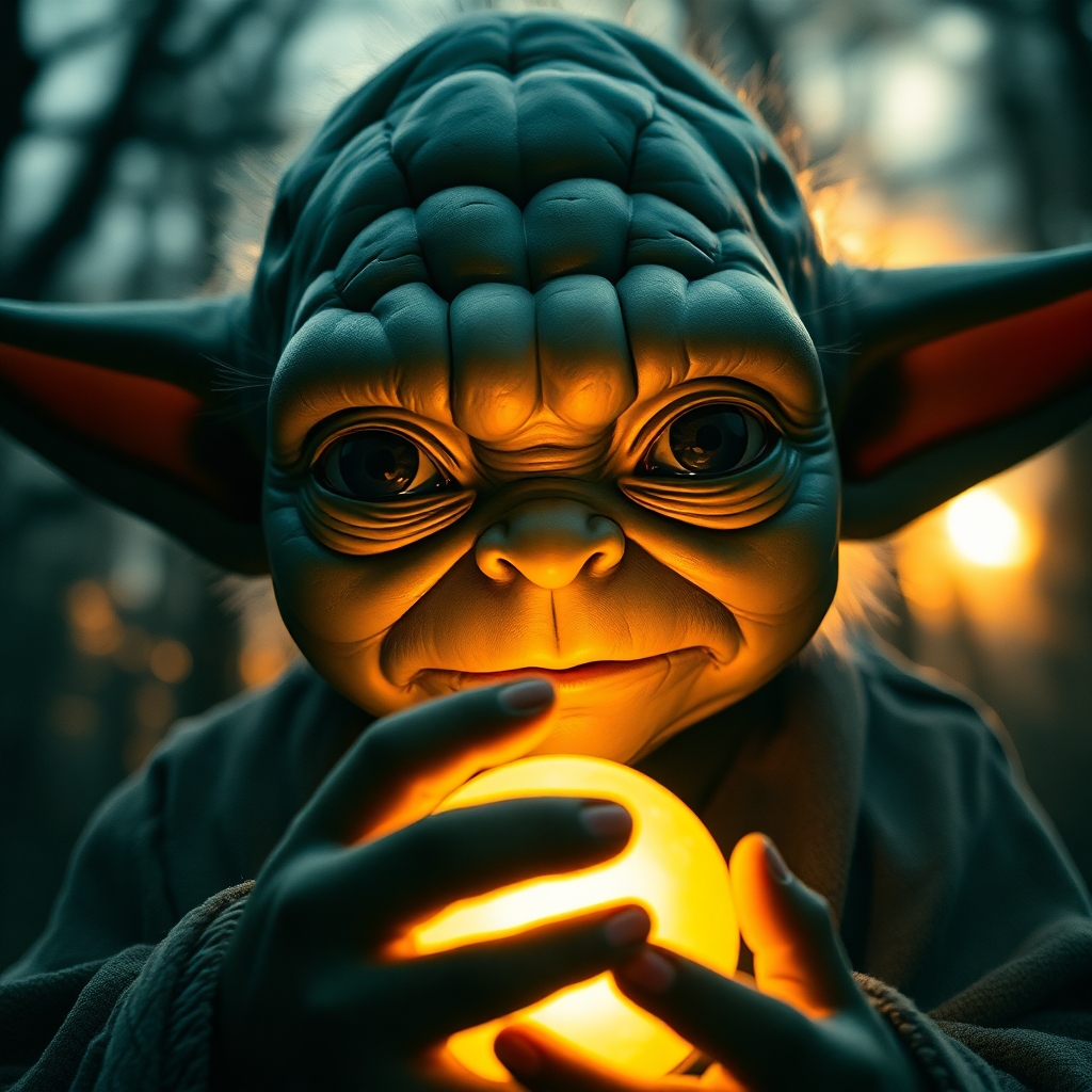 The Universe Shifts When You Embrace Your Authentic Self 6 Extreme macro close up of a Yoda like character intense dramatic weather moody style golden sunlight filtering through trees character holding a glowing energy orb low contrast stormy skies small