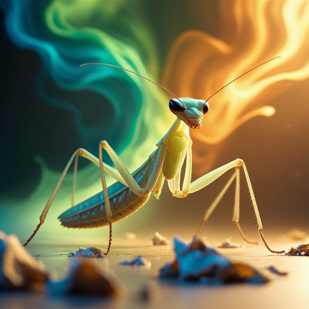 The Spiritual Meanings of the Praying Mantis: A Guide to Symbolism and Inner Growth 6 "A praying mantis mid-molt, shedding its old exoskeleton, with a vibrant, colourful background symbolising growth and change. A soft, transformative light illuminates the scene."