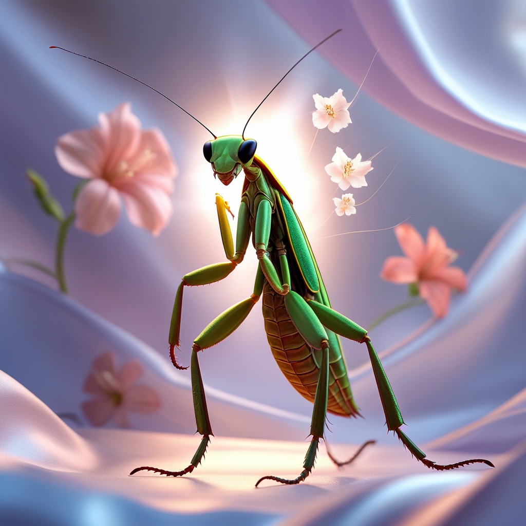 The Spiritual Meanings of the Praying Mantis: A Guide to Symbolism and Inner Growth 9 "A female praying mantis standing tall and confident, with a soft, empowering glow around her. The background features flowing, ethereal fabrics and flowers, representing grace and feminine energy."