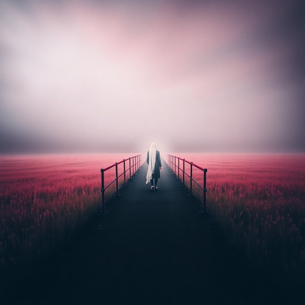 Surreal image in infrared tones ethereal spiritual vibe. A person with a light aura stands at a bridge dark path contrasting with a vibrant meadow creating a mystical feeling 1
