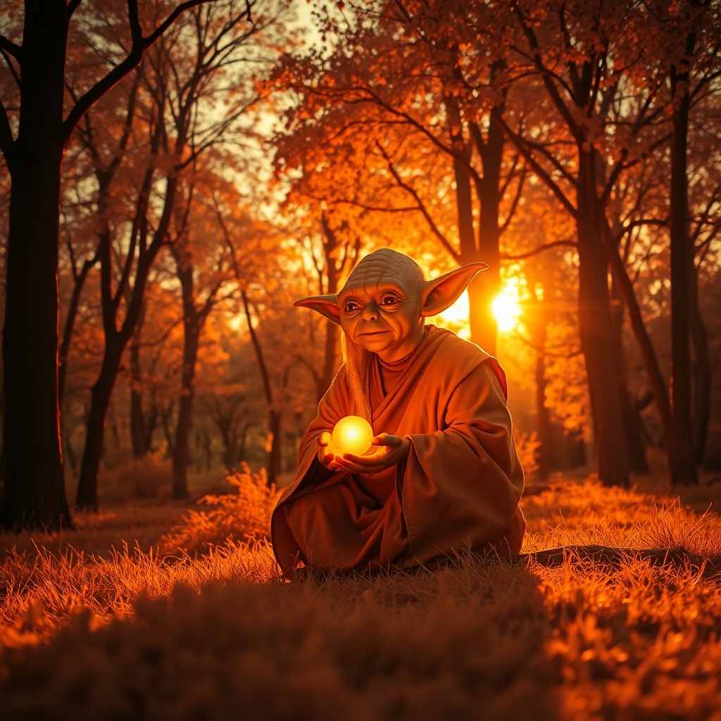 The Universe Shifts When You Embrace Your Authentic Self 3 Surreal infrared tones warm golden hour light soft light just after sunrise or before sunset infrared spectrum otherworldly appearance Yoda like character seated in tranquil natural setting golden