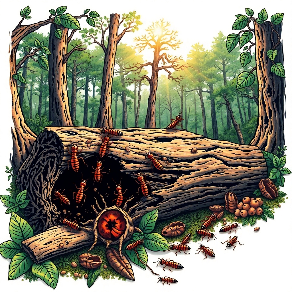 Vibrant retro style traditional tattoo art print on white background depicting termites working on decayed wood in a lush forest sunlight filtering through trees highlighting intricate patterns symboli