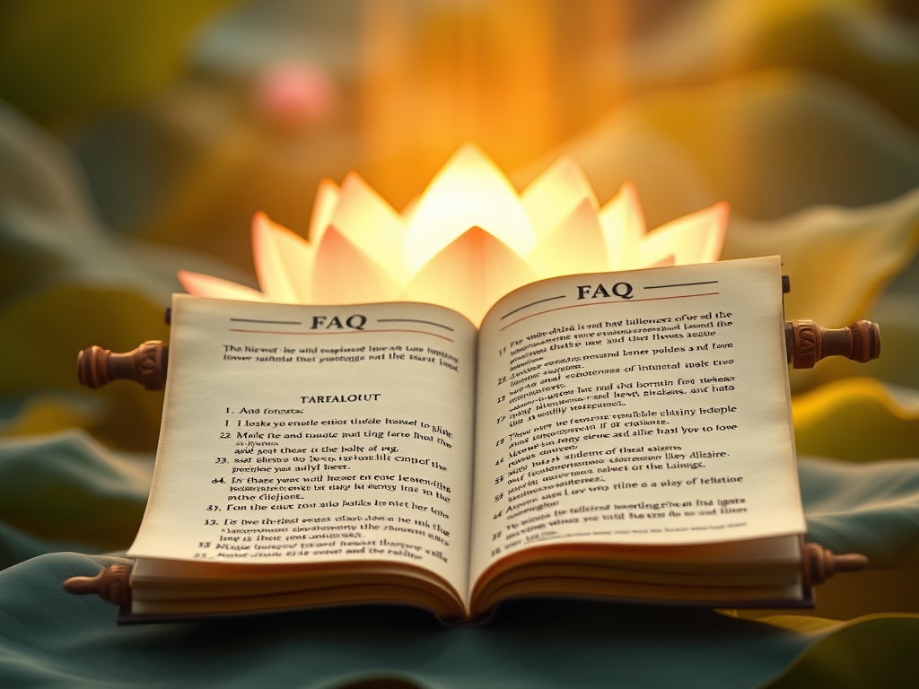 "A beautifully designed spiritual scroll or book opened to a page with frequently asked questions about the lotus flower. The background features a glowing lotus flower surrounded by soft golden light, symbolizing wisdom and enlightenment. The atmosphere is warm and inviting, with subtle mystical energy flowing around the text, representing knowledge and spiritual curiosity."