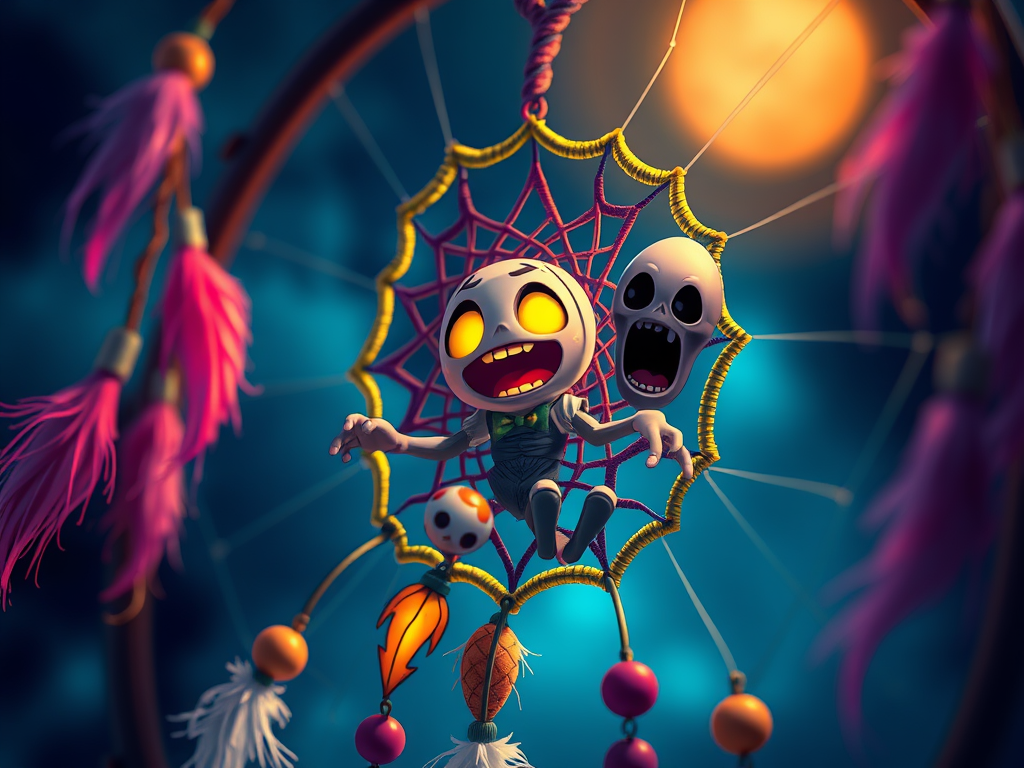Breaking Words: The Hilarious Truth Hidden in Everyday Language 11 A colorful dreamcatcher with little cartoon nightmares trapped in its web.
