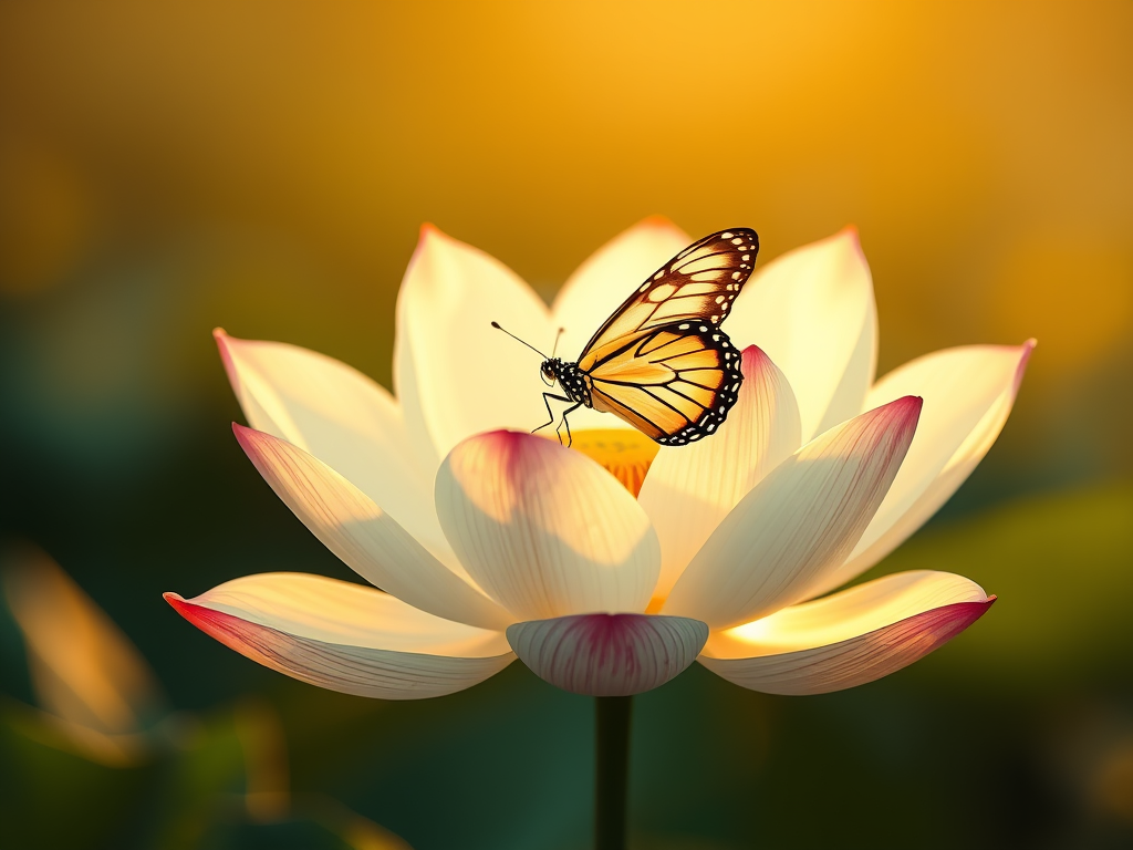 a delicate butterfly gracefully landing on a fully bloomed lotus