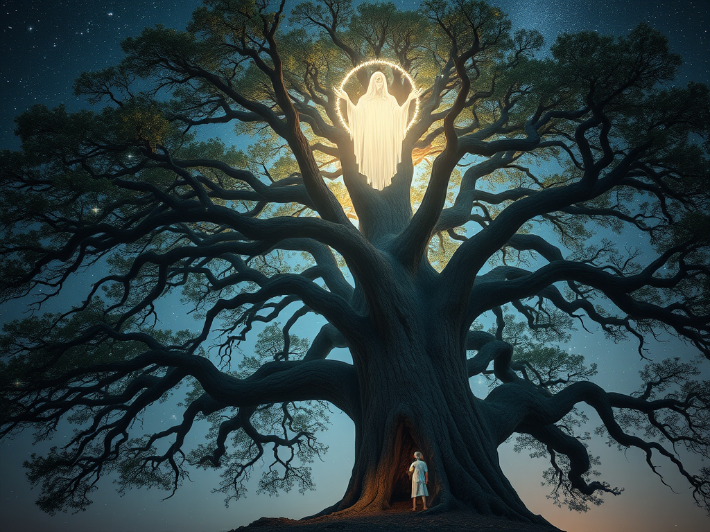  A dreamlike vision of a towering oak tree standing under a star-filled sky. A glowing spirit figure, resembling a wise elder or a celestial being, appears within the branches, whispering sacred wisdom to a seeker below.

