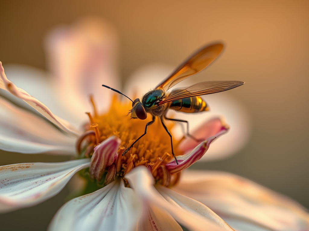 A firefly perched on a fading flower, representing the fleeting nature of life.