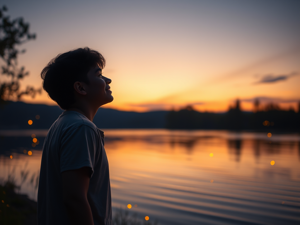  A hopeful figure watching fireflies over a quiet lake, feeling inspired by their gentle glow.