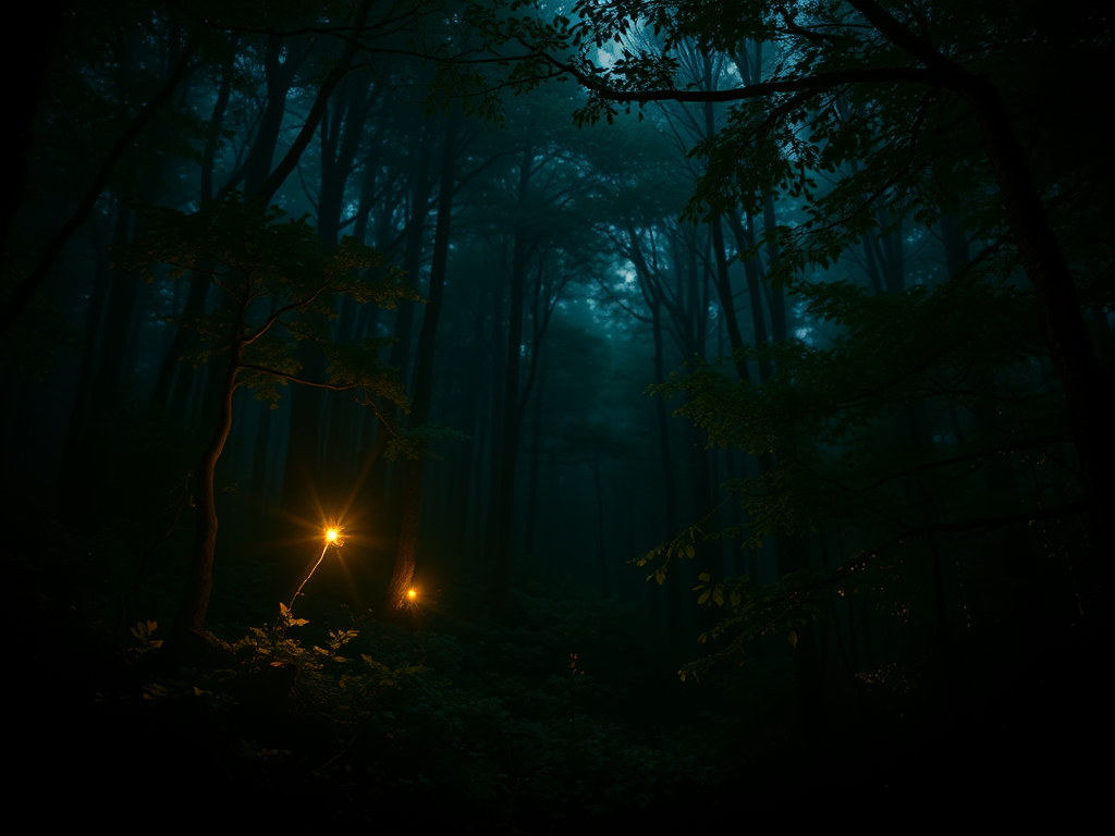 A lone firefly glowing brightly in a vast dark forest, symbolizing inner light and resilience. The soft golden glow of the firefly illuminates the surrounding leaves, creating a sense of hope and spiritual awakening.
