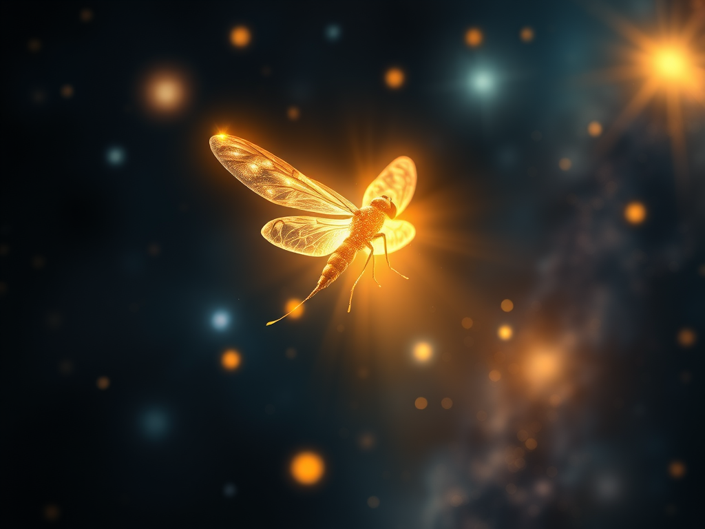A luminous firefly flying upward into the cosmos, symbolizing spiritual ascension.