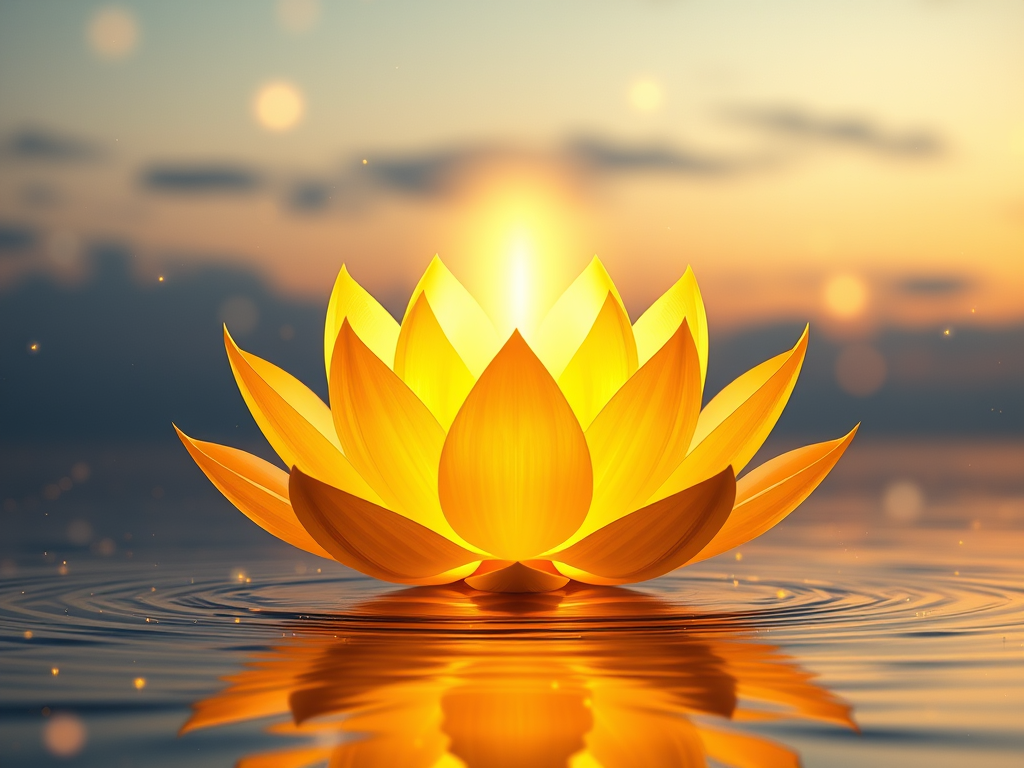 a luminous golden lotus floating above still waters radiating divine