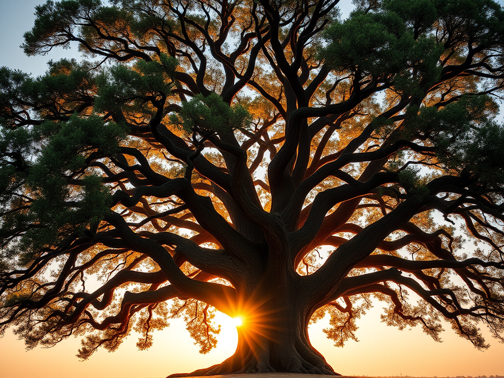 A majestic oak tree standing tall under a golden sunrise, symbolizing strength, wisdom, and resilience, with deep roots extending into the earth.