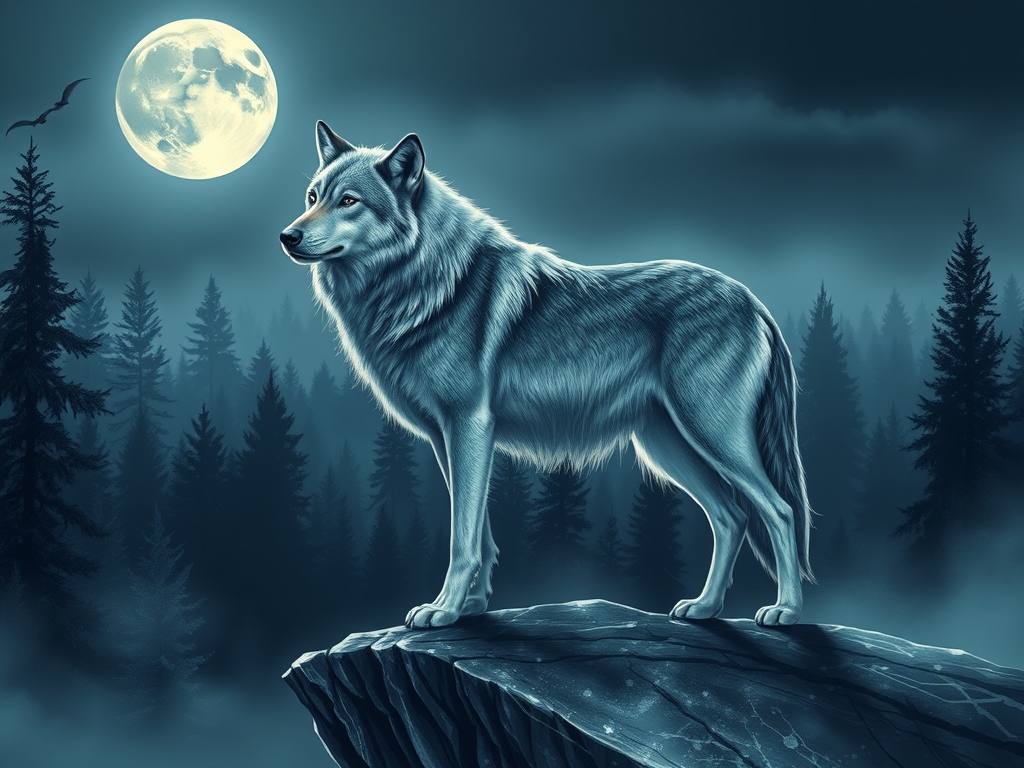a majestic wolf standing on a cliff under a full