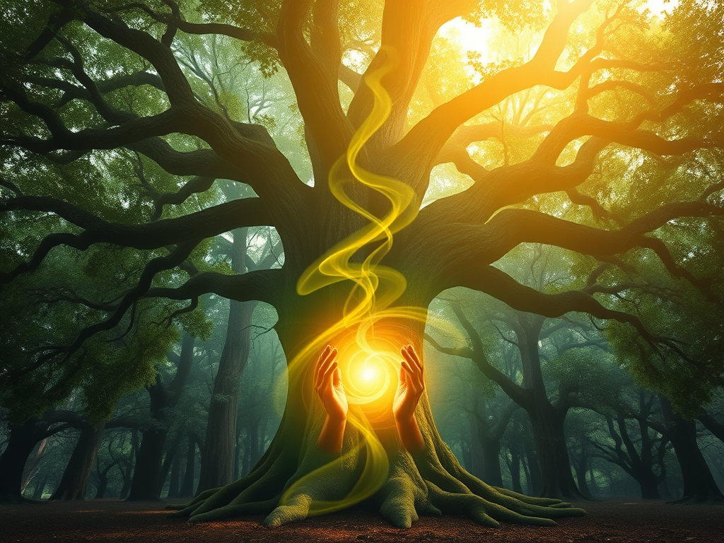  A mystical healer standing in an ancient oak forest, placing their hands on the trunk of a glowing oak tree. Swirling green and golden energy flows between the tree and the healer, representing grounding, protection, and spiritual balance.