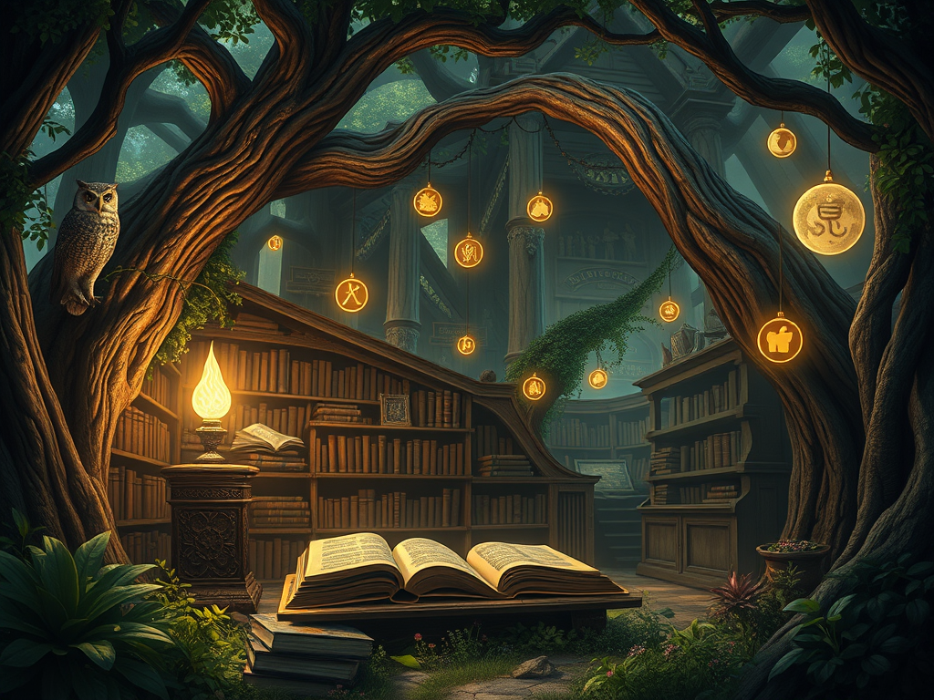 A mystical library in an enchanted oak forest. Books with glowing symbols float in the air, each representing ancient wisdom and spiritual secrets. A wise old owl sits on a branch, symbolizing knowledge and answers to spiritual questions.

