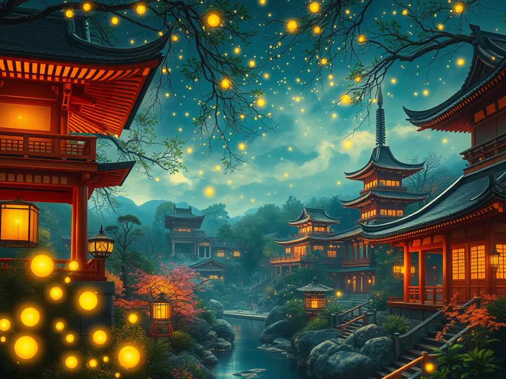 A mystical painting of fireflies in different cultural settings—Japanese gardens, Native American folklore, and ancient temples.