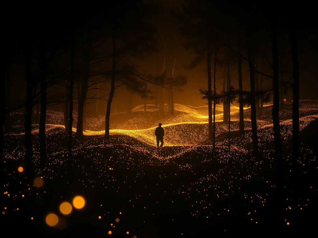 a mystical summer night with a vast dark forest illuminated