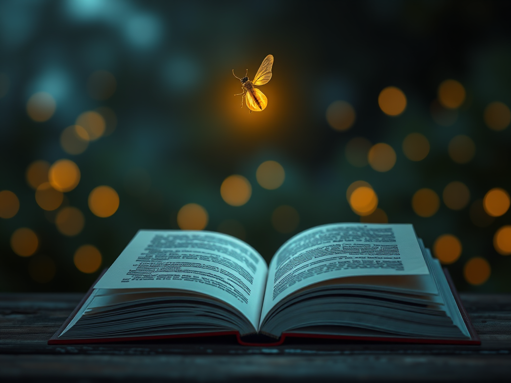A peaceful night scene with a glowing firefly hovering above an open book, symbolizing wisdom and curiosity. The background is softly blurred, showing more fireflies flickering in the distance, creating a mystical and enlightening atmosphere.