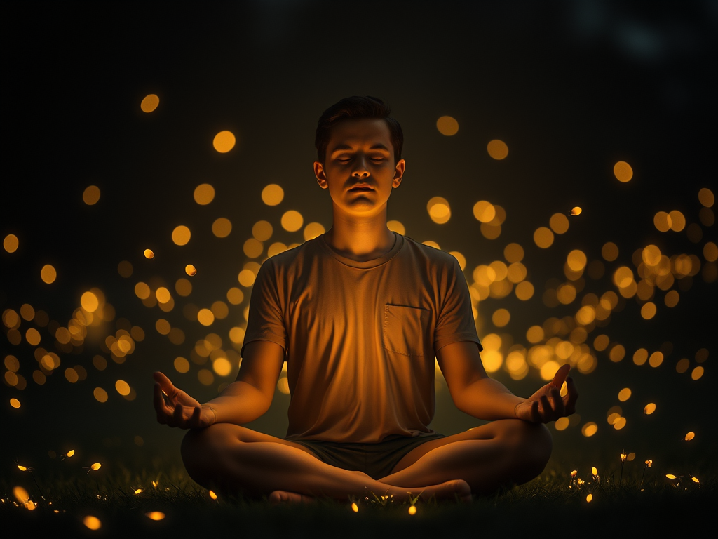 A person in meditation surrounded by a soft glow of fireflies, symbolizing inner guidance and wisdom.