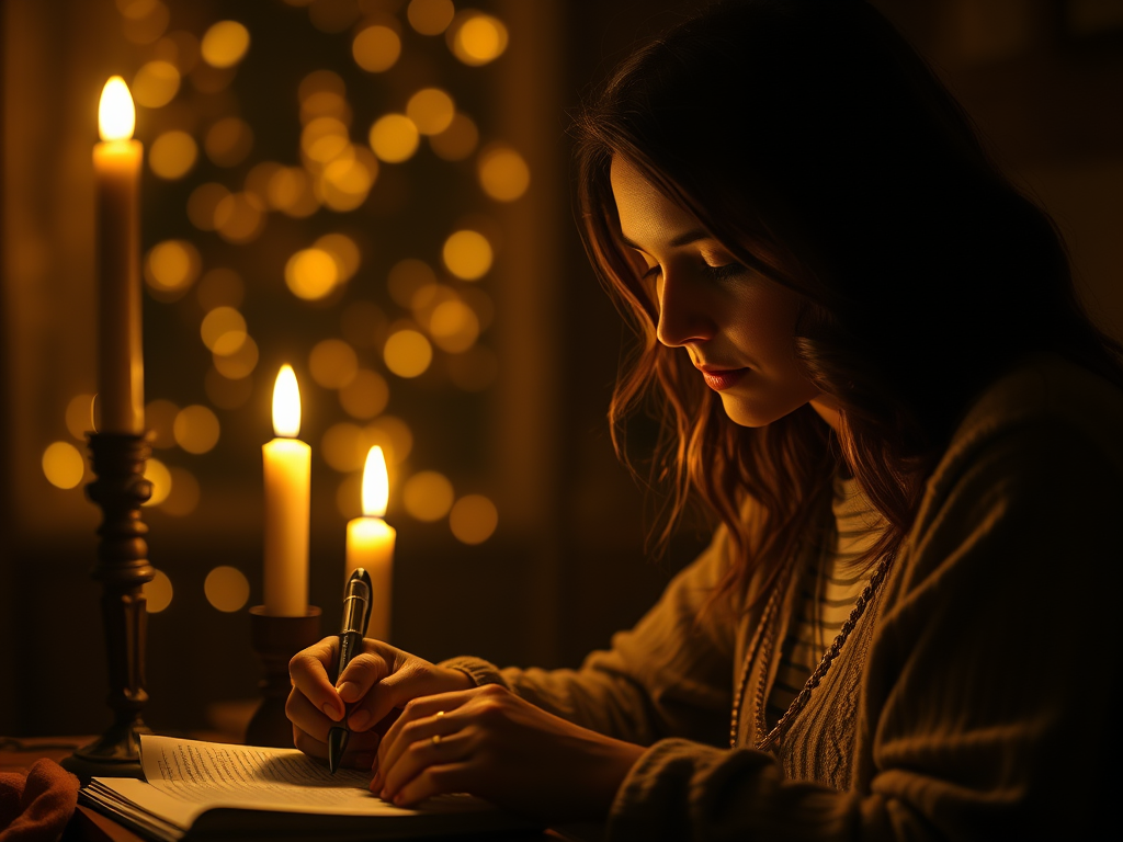 A person journaling by candlelight, reflecting on fireflies as spiritual guides.
