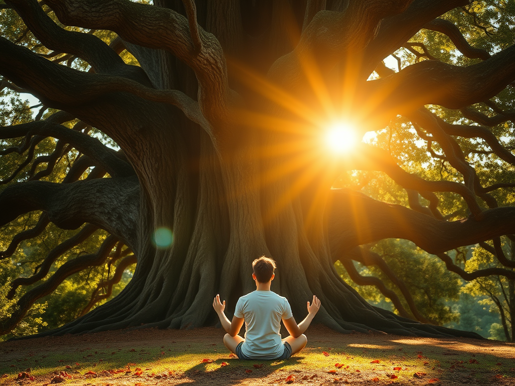 A person meditating beneath a giant oak tree, their hands touching the rough bark as golden energy flows between them. The tree radiates a soft, warm light, symbolizing wisdom, endurance, and connection to the spiritual world.
