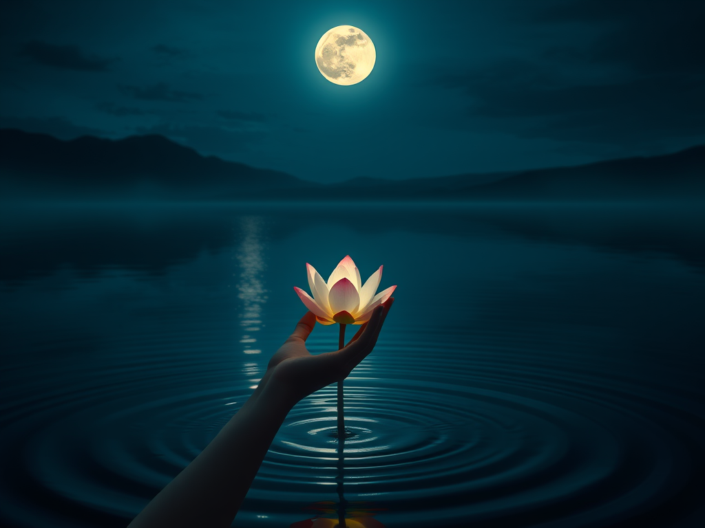 a person standing by a tranquil lake under the radiant