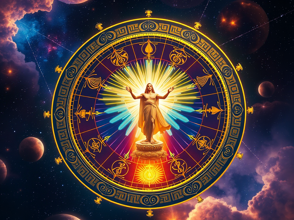 a radiant figure at the center of a cosmic wheel