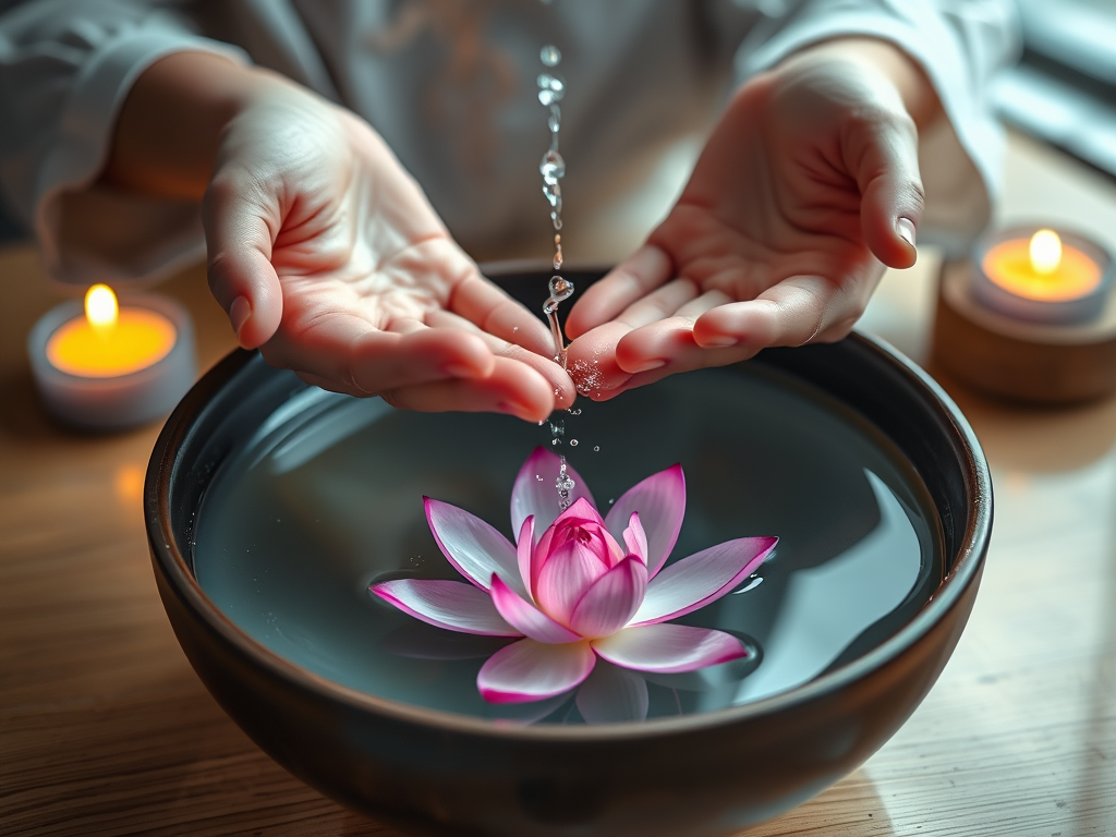 a serene bowl of pure water with a fresh lotus
