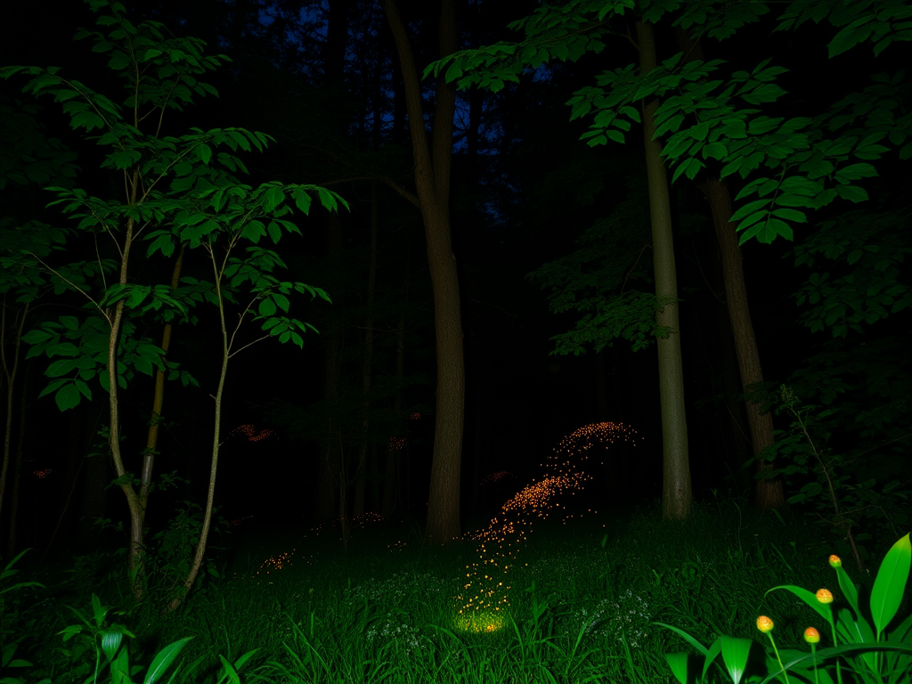  A serene nighttime forest with fireflies glowing, illuminating the dark surroundings with golden light.
