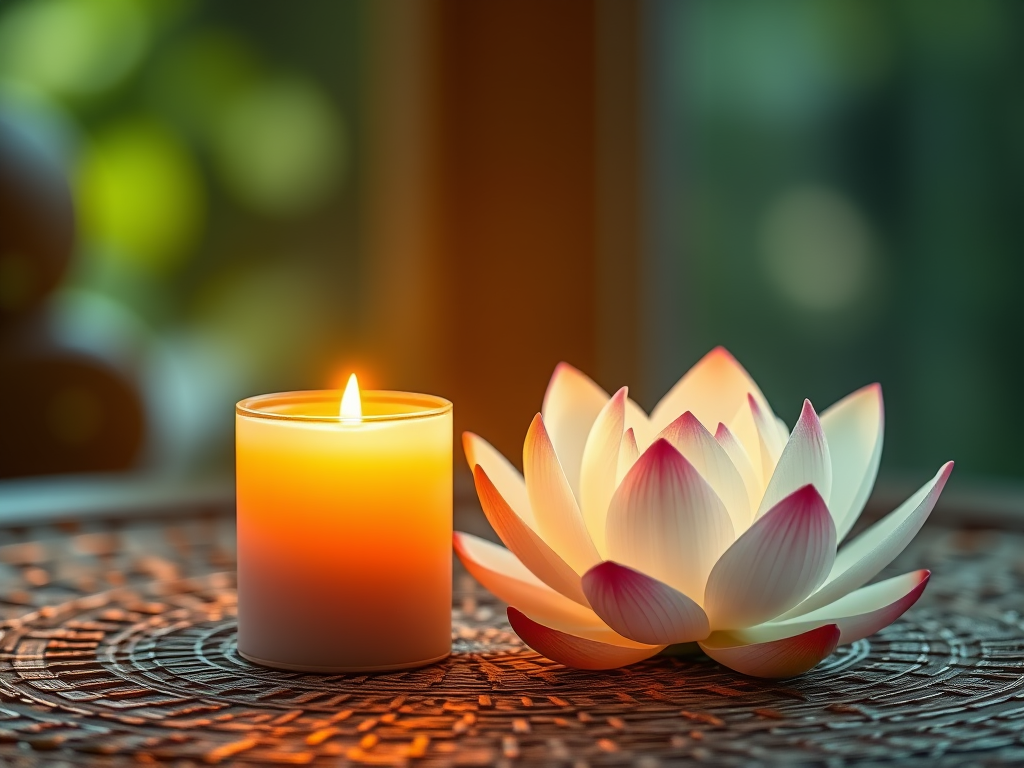 "A softly glowing candle placed beside a blooming lotus flower on a meditation altar. The flickering flame illuminates a peaceful space, while soft energy waves radiate outward, symbolizing deep spiritual reflection and inner wisdom."

