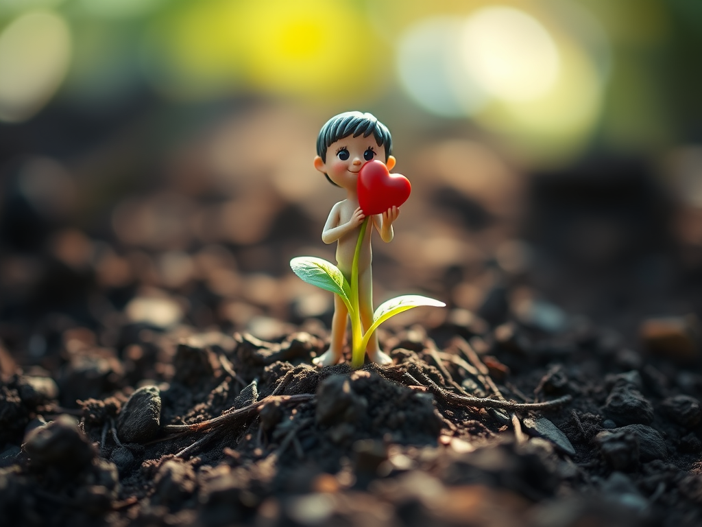Breaking Words: The Hilarious Truth Hidden in Everyday Language 6 A tiny human sprouting from the soil, holding a heart in one hand.
