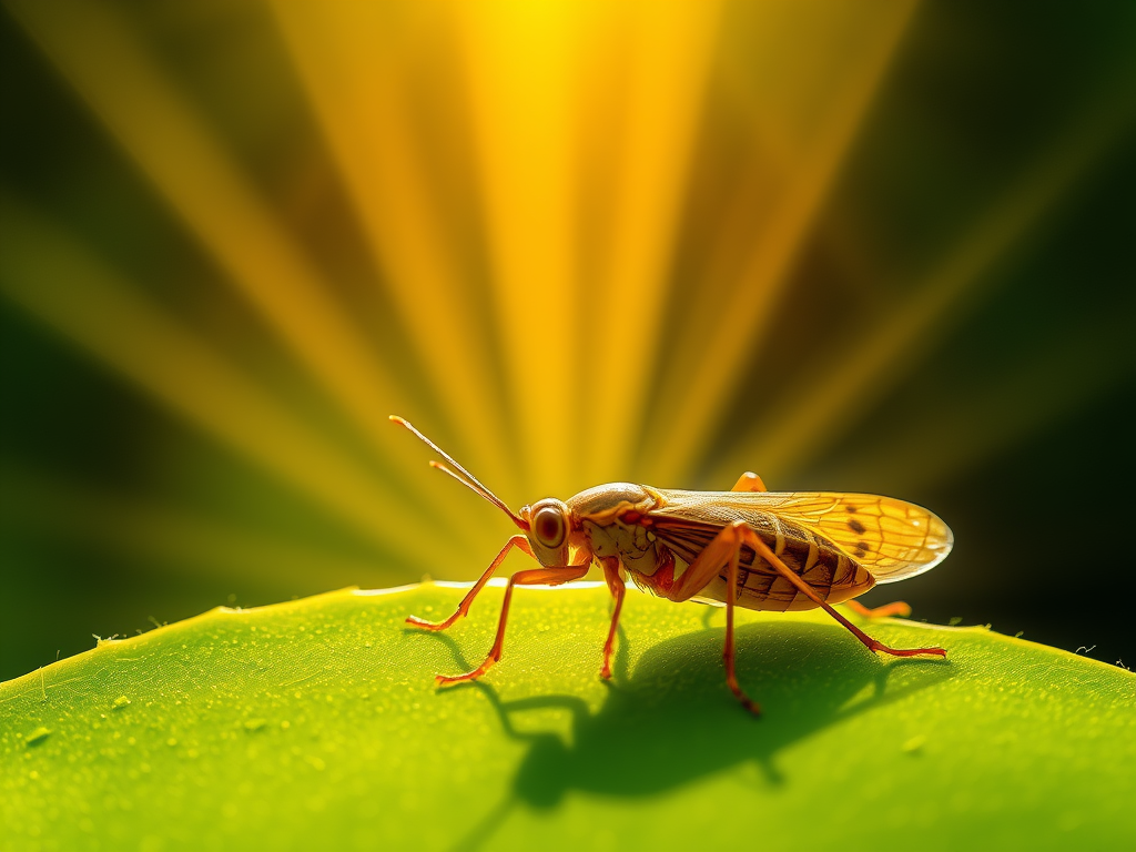 "A warm and uplifting image of a cricket glowing on a leaf, with beams of light radiating outward as if symbolising blessings and wisdom. The setting is peaceful and inspiring."


