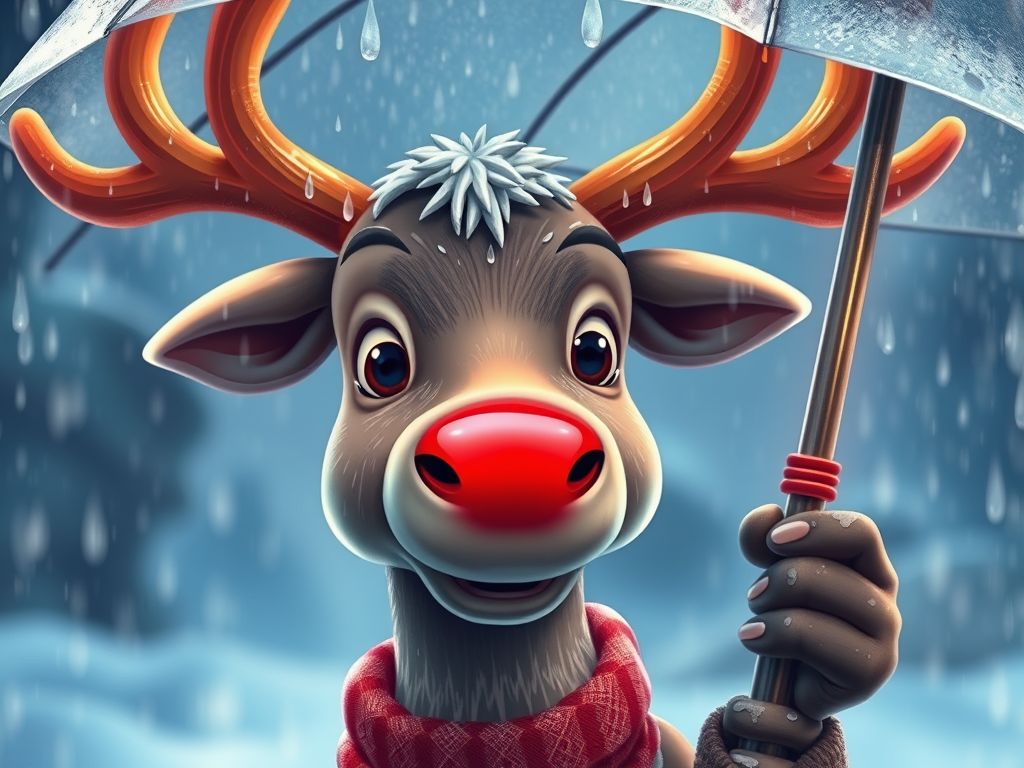 Breaking Words: The Hilarious Truth Hidden in Everyday Language 8 A wet reindeer with a glowing red nose, holding an umbrella.