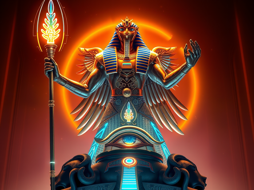 horus with a falcon head wielding a glowing staff standing 2