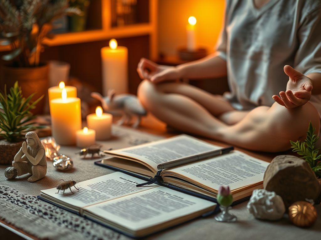  How to Embrace Cricket Symbolism in Your Life
Prompt: "A peaceful and sacred altar setting with cricket figurines, crystals, a journal, and glowing candles. The scene includes a person meditating with a faint cricket in the background."