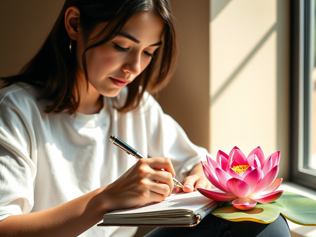 Image: A person journaling with a lotus flower nearby