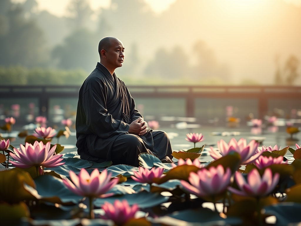 Image: A Taoist monk meditating by a lotus pond