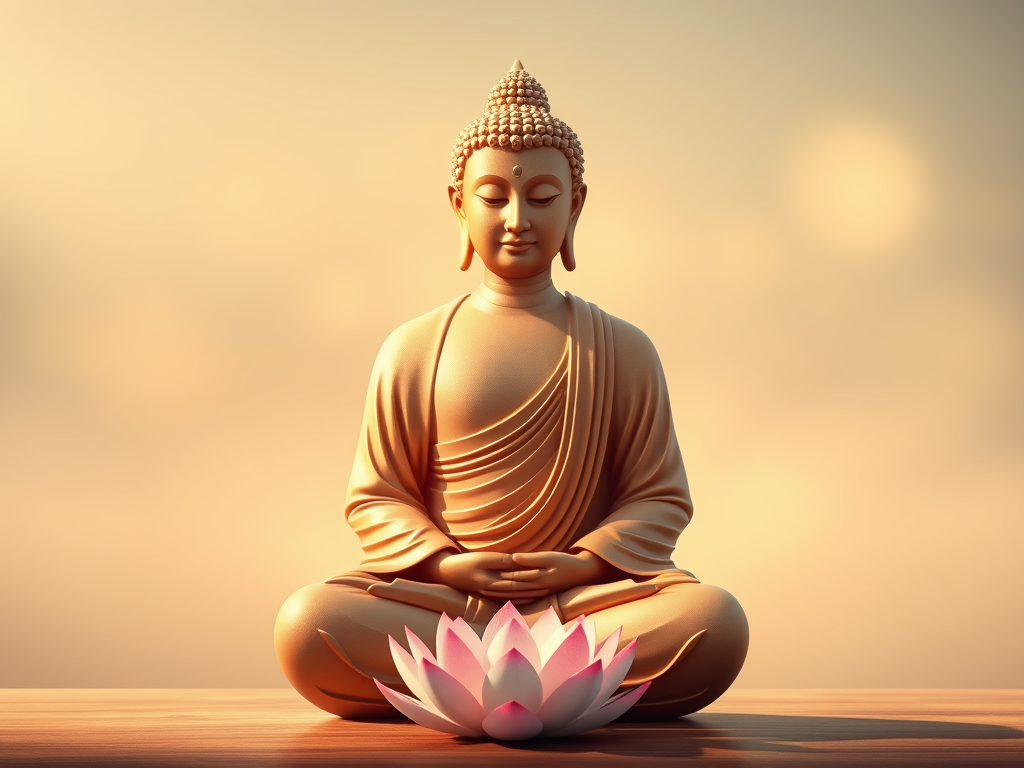 Image: Buddha sitting in meditation with a lotus flower at his feet