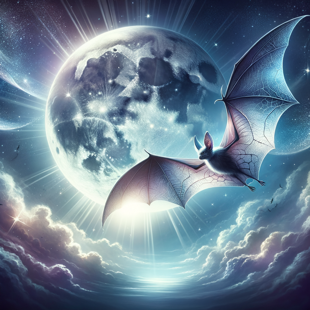 The Spiritual Significance of Bats: Rebirth and Intuition 3 A mystical depiction of a bat soaring under a moonlit sky, with soft glowing hues symbolising transformation and spiritual guidance.