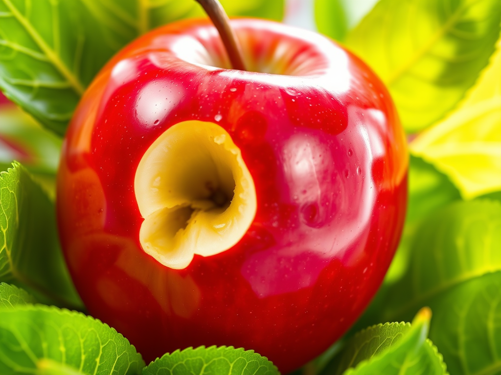 Breaking Free from Junk Food: My Journey to Vibrational Freedom with Fruits 17 Infographic Prompt: "A shiny red apple with a small bite taken out, surrounded by glowing green leaves and a fiber symbol to highlight its refreshing and gut-cleansing properties."