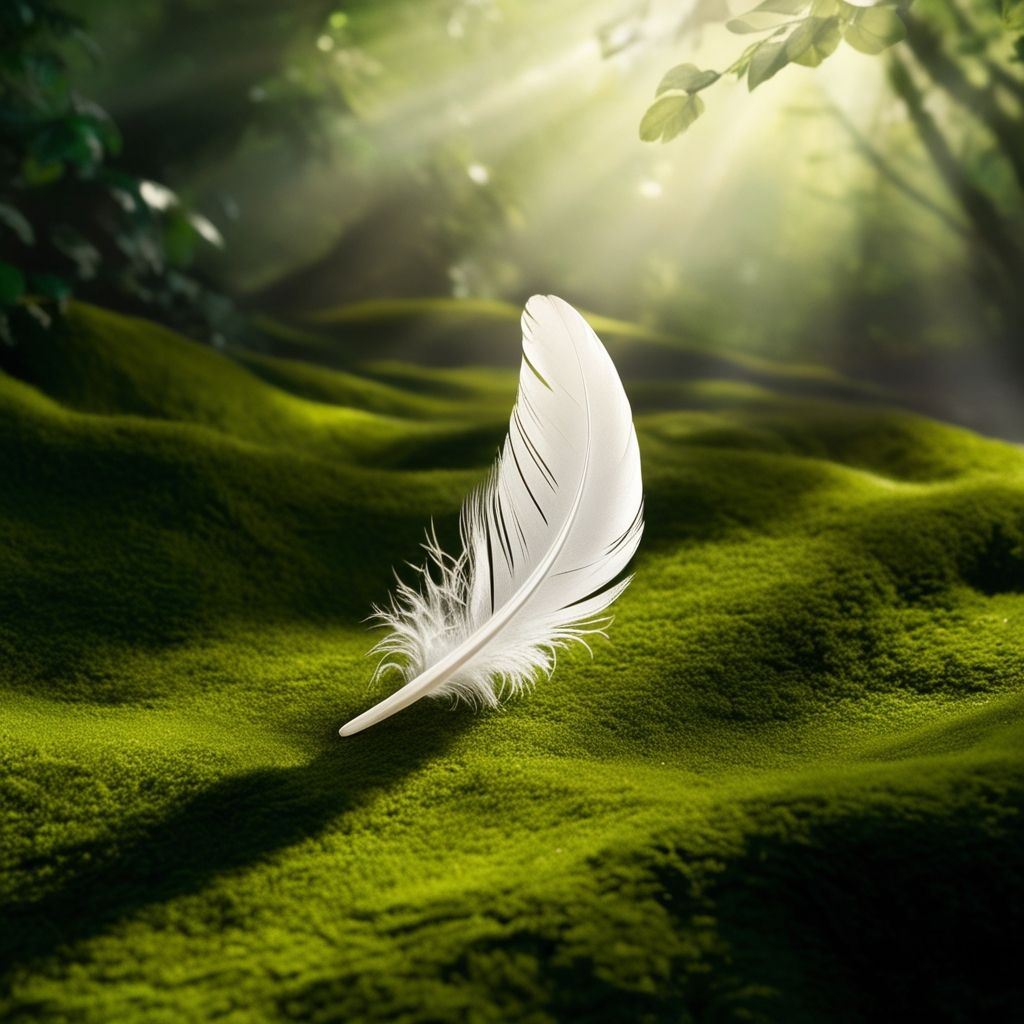  A delicate white feather resting on a mossy forest floor, illuminated by soft sunlight, symbolizing peace, hope, and spiritual guidance.